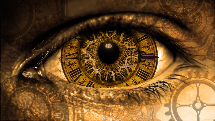 occhio, iris, orologio, bussola, occhio elettronico, arte steampunk, steampunk, Sfondo HD