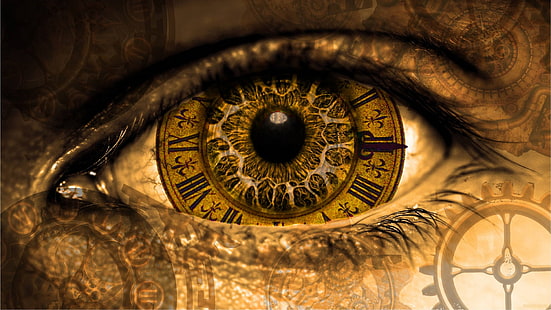 occhio, iris, orologio, bussola, occhio elettronico, arte steampunk, steampunk, Sfondo HD HD wallpaper