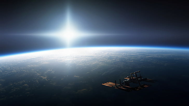 ISS, Earth, clouds, Sun, orbits, universe, space, HD wallpaper