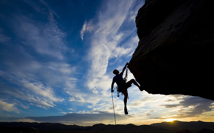 Bergsteiger, extreme Hintergründe, Silhouette, Klettern, Rock, Schwierigkeiten Sonnenuntergang, HD-Hintergrundbild