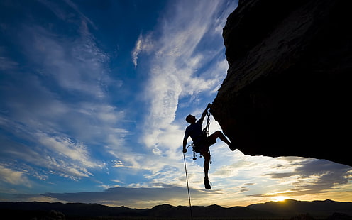Bergsteiger, extreme Hintergründe, Silhouette, Klettern, Rock, Schwierigkeiten Sonnenuntergang, HD-Hintergrundbild HD wallpaper