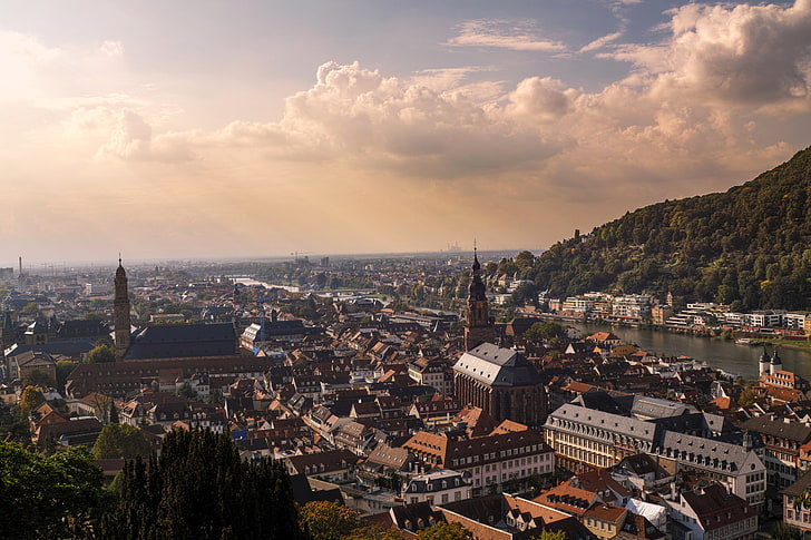 chmury, rzeka, dom, Niemcy, panorama, Heidelberg, Tapety HD