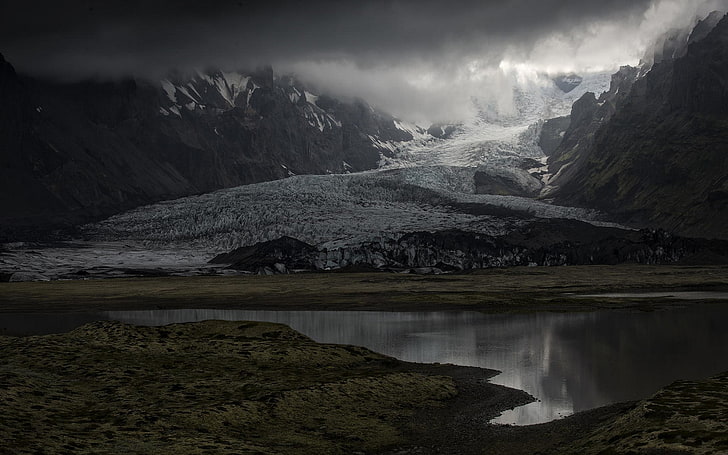 mountain ranges, nature, landscape, glaciers, clouds, fjord, mountains, snowy peak, dark, Iceland, sunlight, HD wallpaper