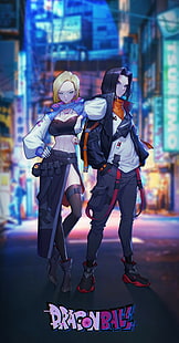 Android 18, Android 17, Dragon Ball, anime, anime girls, anime boys, vertical, portrait display, street, city, HD wallpaper HD wallpaper