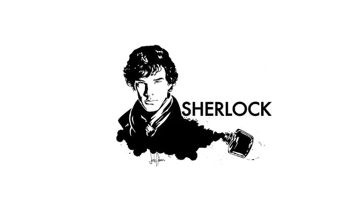 white background, Sherlock Holmes, ink, Sherlock, HD wallpaper