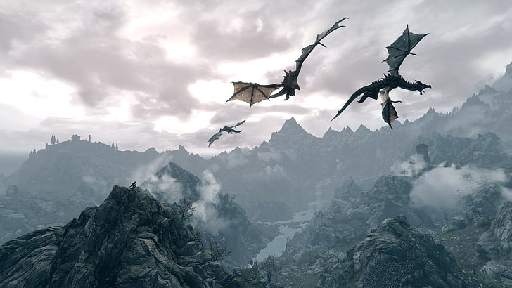Ilustración de tres dragones grises, los rollos más viejos, dragones, moscas, montañas, cielo, Fondo de pantalla HD