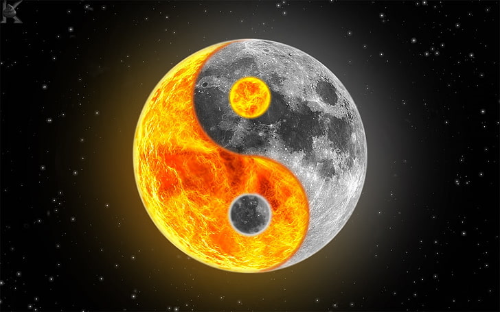 Yin and Yang, Moon, stars, Ying Yang, Sun, digital art, selective coloring, HD wallpaper