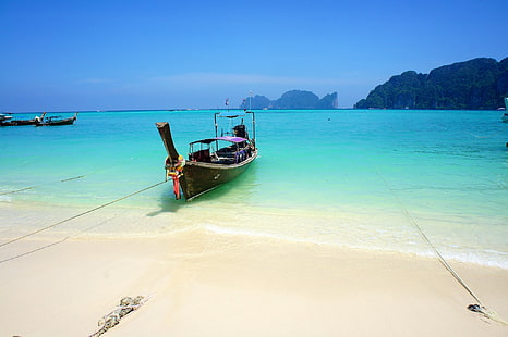 perahu kayu hitam, alam, pemandangan, pantai, perahu, laut, tropis, pasir, pulau, pirus, air, Thailand, Wallpaper HD HD wallpaper