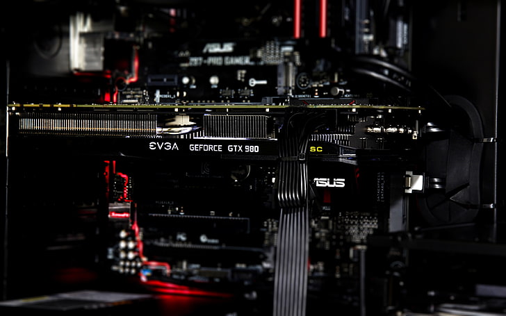 EVGA GeForce GTX 980 그래픽 카드, 검은 색 EVGA Geforce GTX 그래픽 카드, 컴퓨터, 하드웨어, GPU, 그래픽 카드, GeForce, EVGA, ASUS, PC 게임, 마더 보드, 틸트 시프트, 기술, GPU, PCB, HD 배경 화면