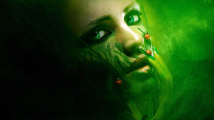 女性、てんとう虫、緑目、写真、顔、緑の背景、 HDデスクトップの壁紙