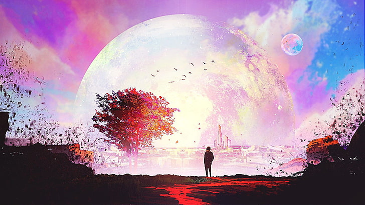man standing facing tree painting, artwork, illustration, sunset, sky, fantasy art, HD wallpaper