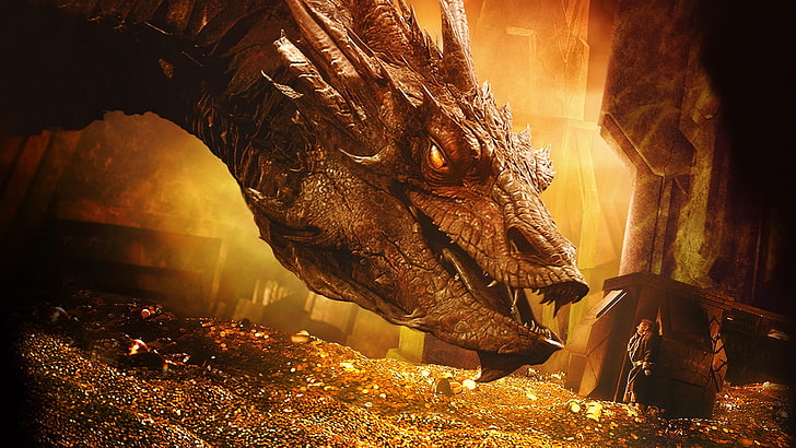 илюстрация на дракон, Хобитът: Опустошението на Смауг, Смауг, Билбо Бегинс, дракон, съкровище, злато, Дж. Р. Р. Толкин, HD тапет