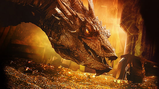 ilustracja smoka, Hobbit: Pustkowie Smauga, Smaug, Bilbo Baggins, smok, skarb, złoto, J. R. R. Tolkien, Tapety HD HD wallpaper