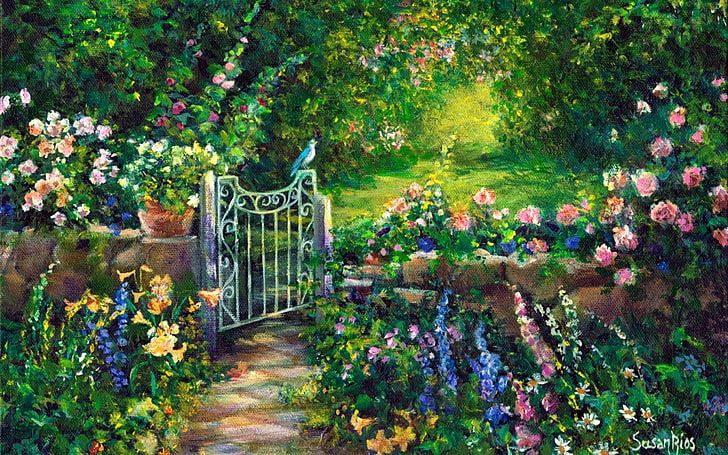 Artistic, Painting, Bird, Flower, Garden, Gate, Spring, HD wallpaper