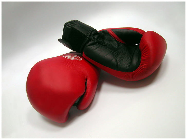 ボクシンググローブ、赤と黒のボクシンググローブのペア、ボクシング、グローブ、ボクシンググローブ、赤いグローブ、 HDデスクトップの壁紙