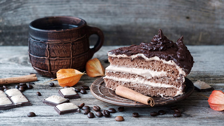 makanan penutup, cokelat, kue coklat, kopi, cangkir kopi, torte, sebaran cokelat, Wallpaper HD