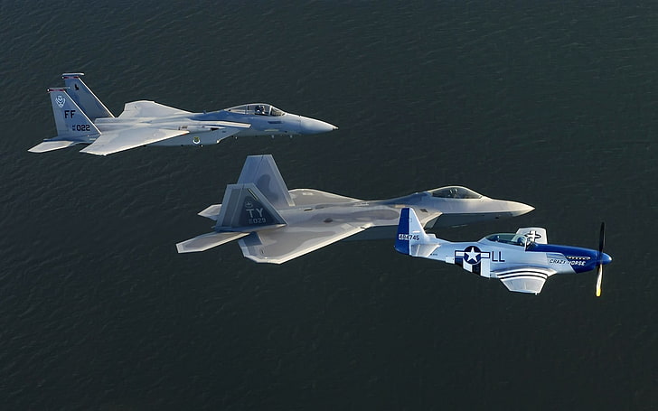 trzy samoloty myśliwskie, samolot, F22-Raptor, North American P-51 Mustang, F-15 Strike Eagle, F15 Eagle, Tapety HD