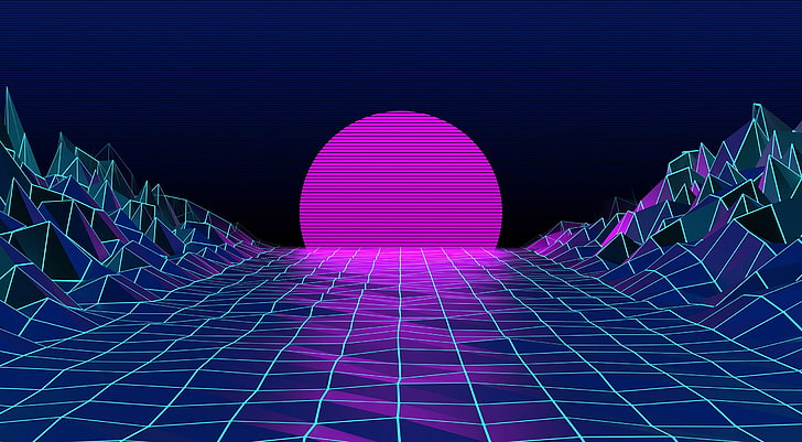 The sun, Mountains, The moon, Neon, Graphics, Electronic, Synthpop, Darkwave, Synth, Retrowave, Synth-pop, Sinti, Synthwave, Synth pop, HD wallpaper