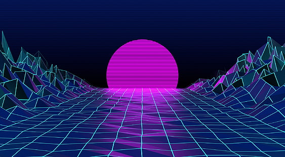The sun, Mountains, The moon, Neon, Graphics, Electronic, Synthpop, Darkwave, Synth, Retrowave, Synth-pop, Sinti, Synthwave, Synth pop, Tapety HD HD wallpaper