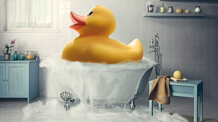yellow duck toy, artwork, rubber ducks, bathroom, bathtub, HD wallpaper
