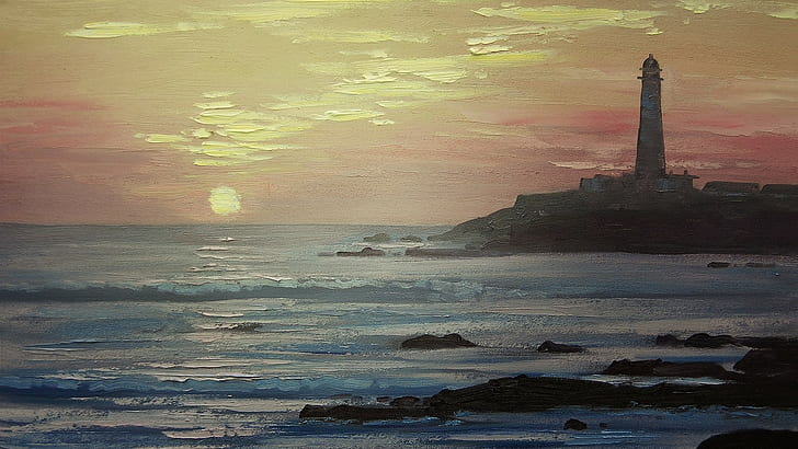Lighthouse Sunset Painting HD, digital/artwork, sunset, painting, lighthouse, HD wallpaper
