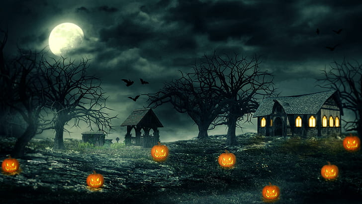 jack o lantern, halloween, kegelapan, senja, malam, cahaya bulan, jack o lanterns, malam halloween, labu, rumah berhantu, menakutkan, bulan purnama, malam, tengah malam, Wallpaper HD