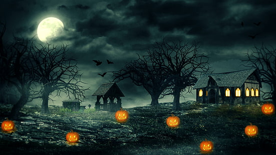 jack o lantern, halloween, kegelapan, senja, malam, cahaya bulan, jack o lanterns, malam halloween, labu, rumah berhantu, menakutkan, bulan purnama, malam, tengah malam, Wallpaper HD HD wallpaper