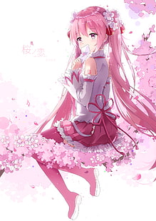 anime, anime girls, Sakura Miku, Vocaloid, long hair, pink hair, pink eyes, thigh-highs, HD wallpaper HD wallpaper