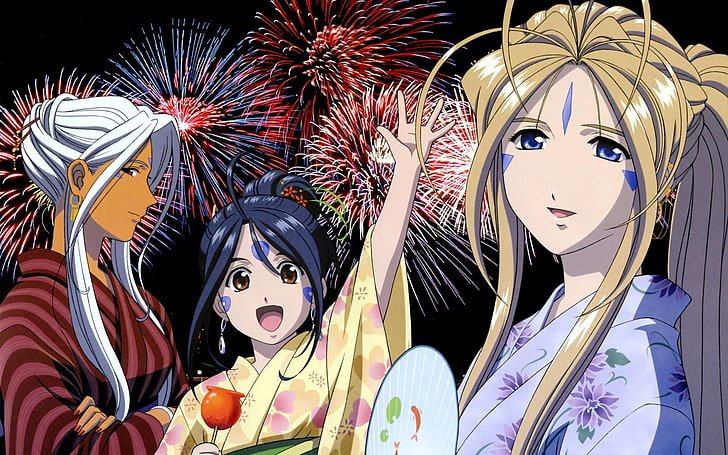 женщины носят кимоно, аниме иллюстрируют, девушки, радость, восторг, фейерверк, кимоно, HD обои