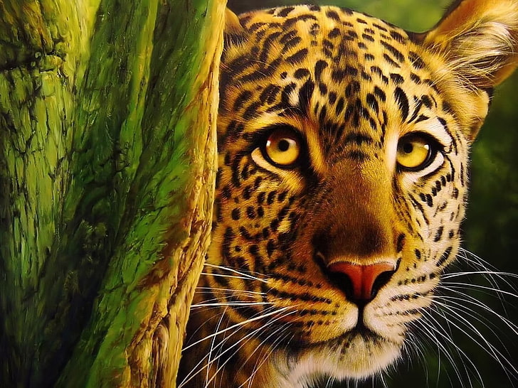 Yellow Eyes Leopard, ilustrasi harimau hitam dan coklat, Hewan, Leopard, Wallpaper HD