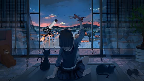 삽화, 고양이, 애니메이션 소녀들, HD 배경 화면 HD wallpaper