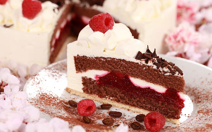 Cake, slice, berry, raspberry, cream, chocolate, dessert, white and brown strawberry slice of pie, Cake, Slice, Berry, Raspberry, Cream, Chocolate, Dessert, HD wallpaper