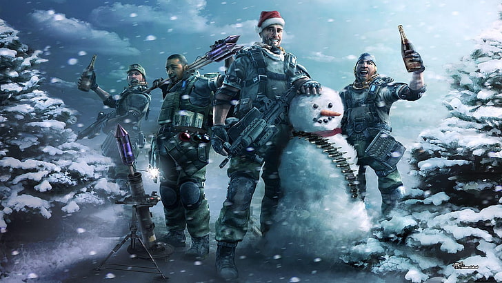 четыре солдата с иллюстрацией снеговика, снеговик, снег, рождество, армейское снаряжение, армия, вино, пистолет, зима, боеприпасы, аммелевка, Killzone, sasgoodcraft, HD обои