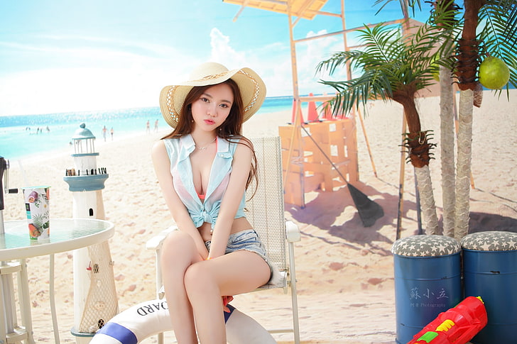 Asian, women, model, looking at viewer, brunette, cleavage, shirt, jean shorts, sitting, women with hats, necklace, Take from Flickr, HD wallpaper