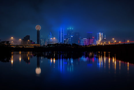 Города, Даллас, Здание, Город, Ночь, Отражение, Техас, США, HD обои HD wallpaper