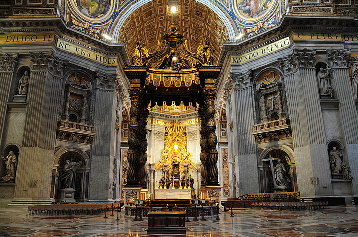 グレーとゴールドの祭壇、ローマ、イタリア、サンピエトロ大聖堂、メインの祭壇、 HDデスクトップの壁紙
