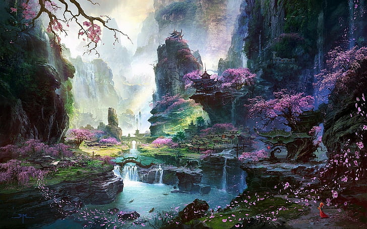 cherry blossom, fantasy art, HD wallpaper