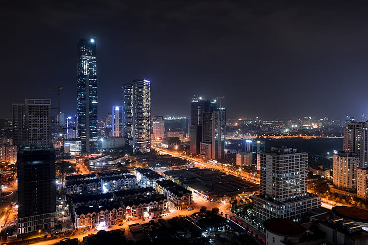 city, Hanoi, skyline, night, lights, skyscraper, road, Vietnam, Asia, HD wallpaper