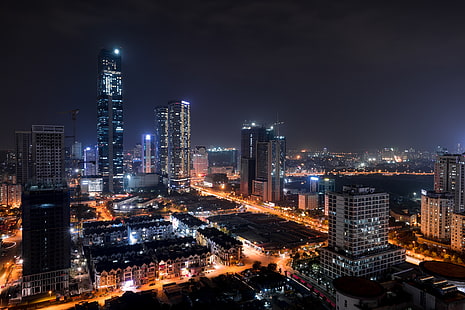 город, Ханой, горизонт, ночь, огни, небоскреб, дорога, Вьетнам, Азия, HD обои HD wallpaper