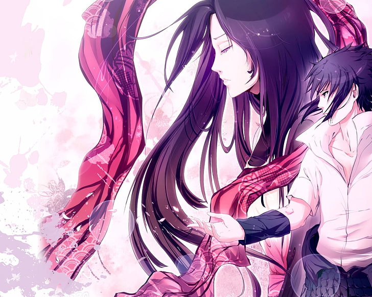 purple haired male and female anime characters illustration, art, kivi1230, naruto, uchiha, sasuke, boy, girl, character designer, scarf, HD wallpaper
