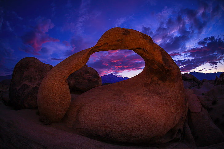 clouds, sunset, rocks, Nature, the evening, CA, arch, USA, Alabama Hills, Mobius Arch, HD wallpaper