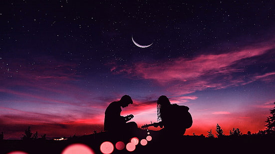 Halbmond, Gitarre spielen, Nacht, Mond, Silhouette, Dunkelheit, Sternennacht, rosa Wolken, HD-Hintergrundbild HD wallpaper