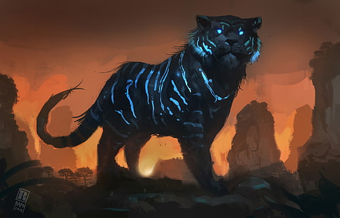 schwarze und blaue Tigerillustration, Tiger, Kunst, mystischer Tiger, Raph04art, HD-Hintergrundbild HD wallpaper