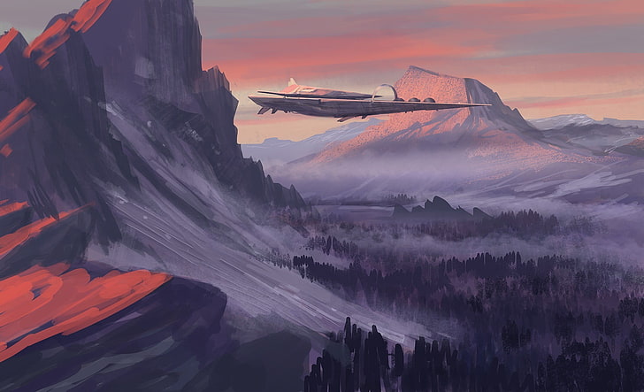 gray plane over the mountain painting, spaceship, landscape, sunset, nature, futuristic, artwork, digital art, mountains, HD wallpaper
