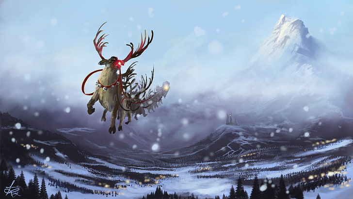 flying reindeer near mountain illustration, winter, snow, flight, mountains, castle, new year, art, team, deer, HD wallpaper