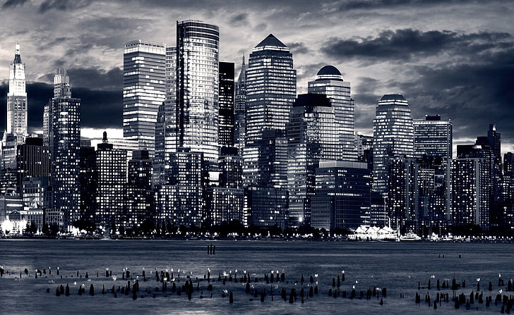 grasycale photo of buildings, photography, sea, water, city, urban, dusk, lights, building, skyscraper, New York City, HD wallpaper