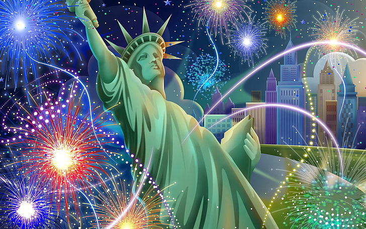 Illustration de la statue de la liberté, fête de l'indépendance, californie, statue de la liberté, feu d'artifice, Fond d'écran HD