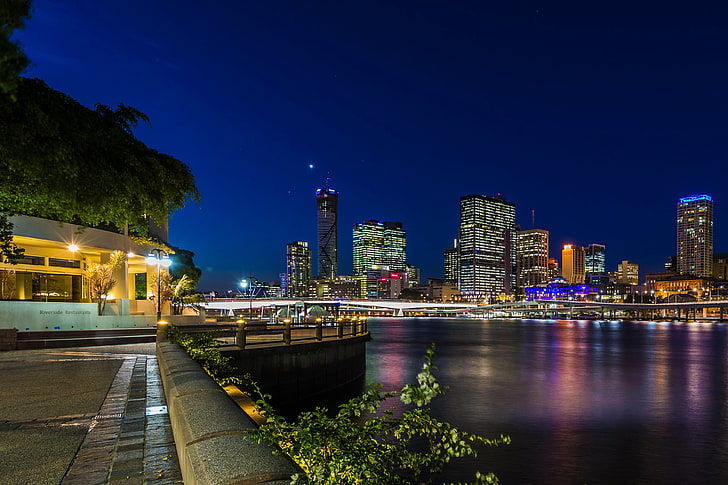 ночь, мост, огни, река, дома, небоскребы, Австралия, набережная, Брисбен, HD обои