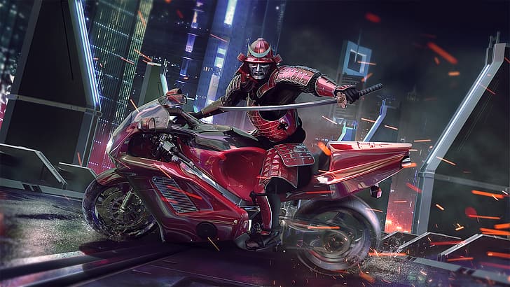 motorcycle, samurai, katana, shards, HD wallpaper