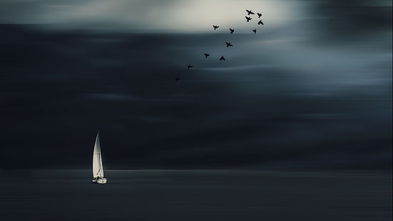 barca a vela bianca, natura, paesaggio, minimalismo, orizzonte, veliero, uccelli, Photoshop, nuvole, mare, barche a vela, Sfondo HD HD wallpaper